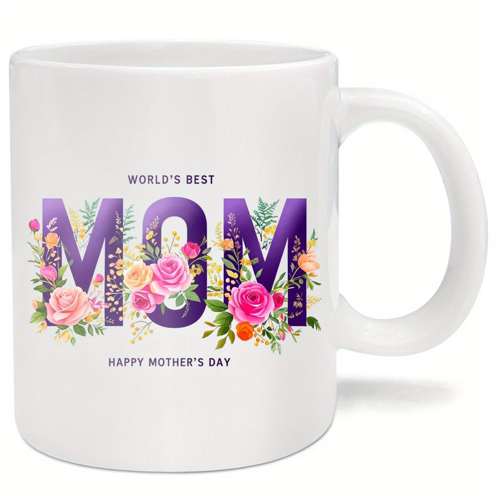 Tailorly White Ceramic 11 oz Mug - World's Best Mom Happy Mother's Day Blooming Colorful Flowers Intertwined With Large Purple Letters Among Green Leaves Mug