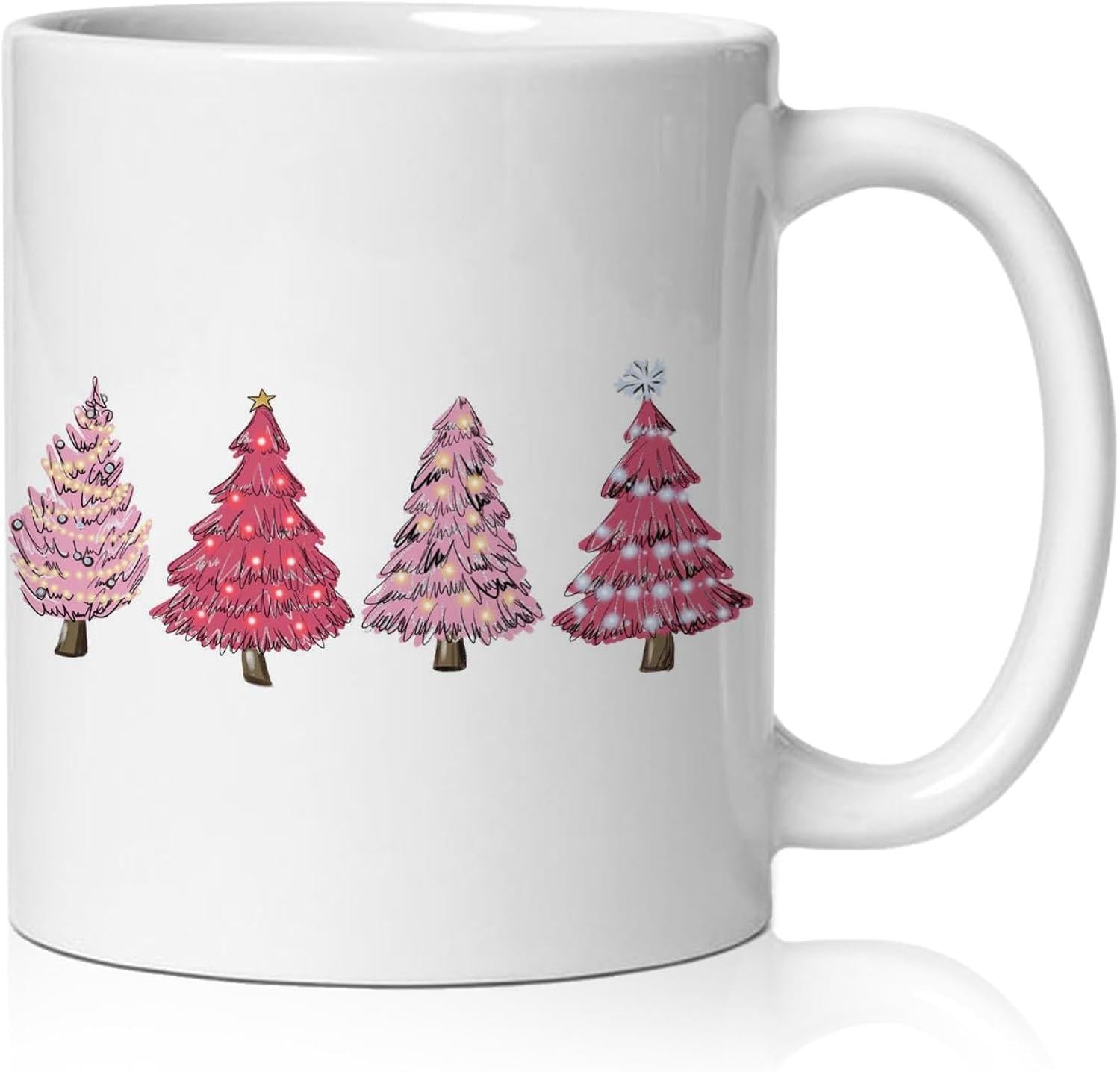Tailorly White Ceramic 11 oz Mug - Elegant Watercolor Holiday Evergreens Decorated In Beautiful Shades Of Pink Tree