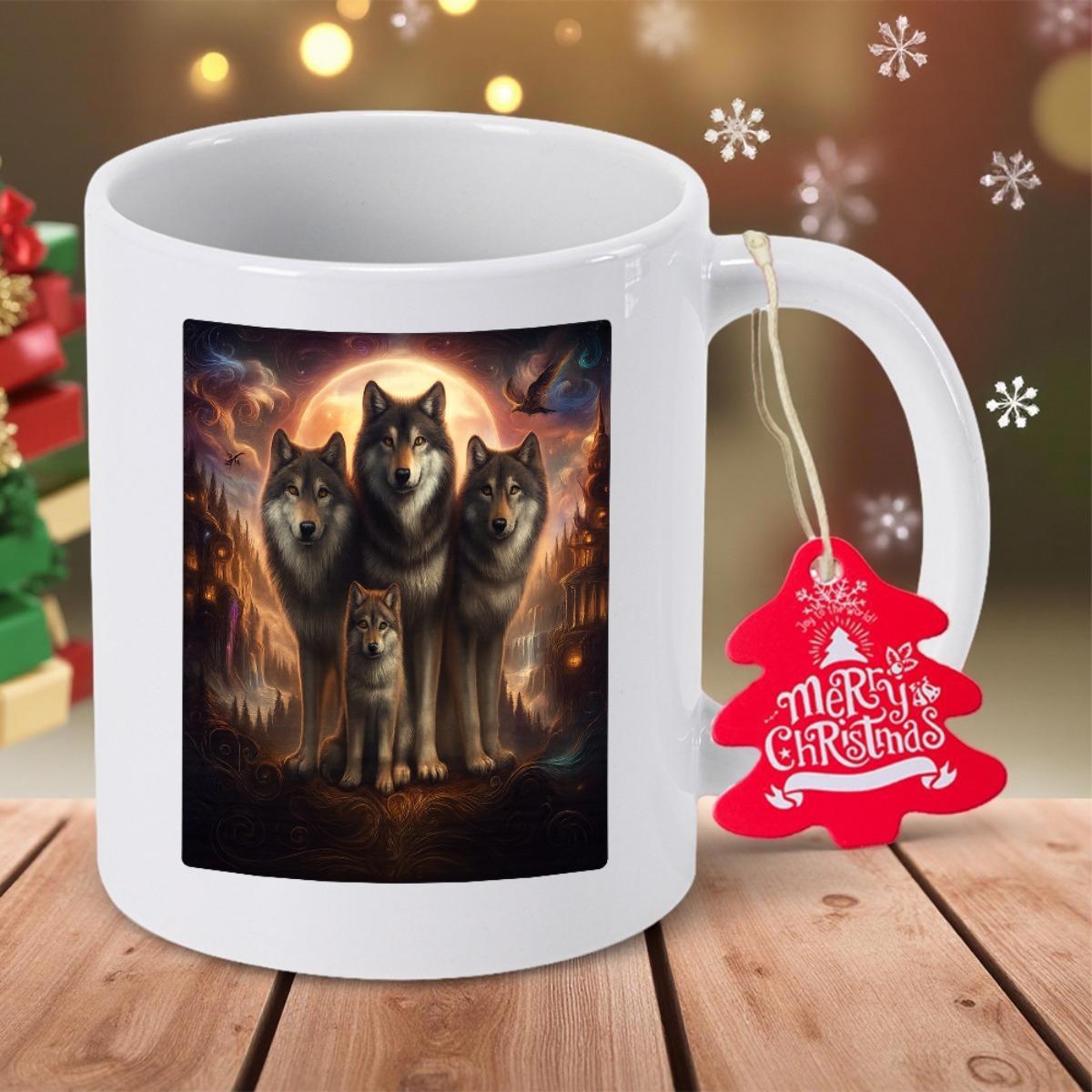 Tailorly White Ceramic 11 oz Mug - Merry Christmas Three Majestic Wolves With A Pup Under A Glowing Full Moon Forest Wolf