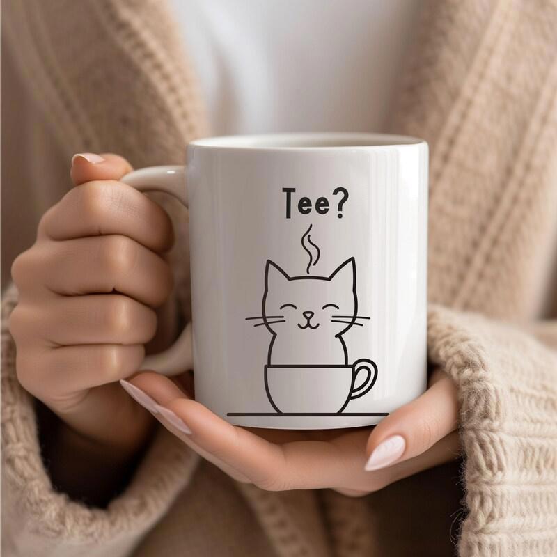 Tailorly White Ceramic 11 oz Mug - Tee Minimalist Black Line Art Sitting Inside A Steaming Cup Cute Smiling Cat