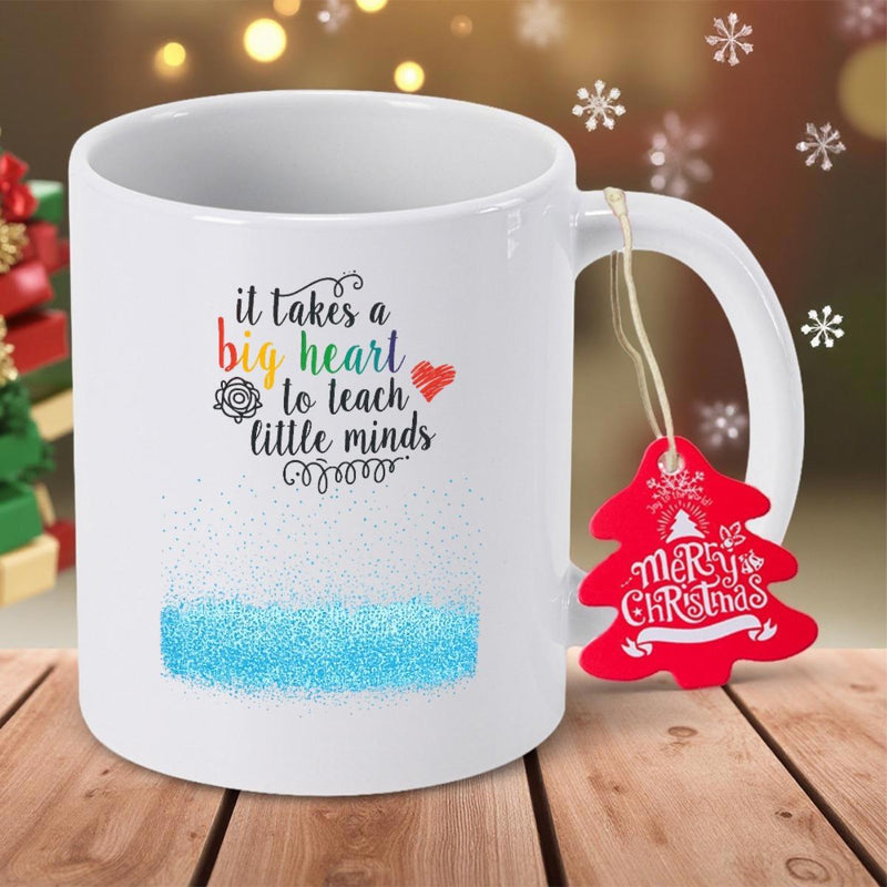 Tailorly White Ceramic 11 oz Mug - It Takes A Big Heart To Teach Little Minds Artistic Rainbow Lettering With Tiny Red Heart And Blue Watercolor Detail Mug