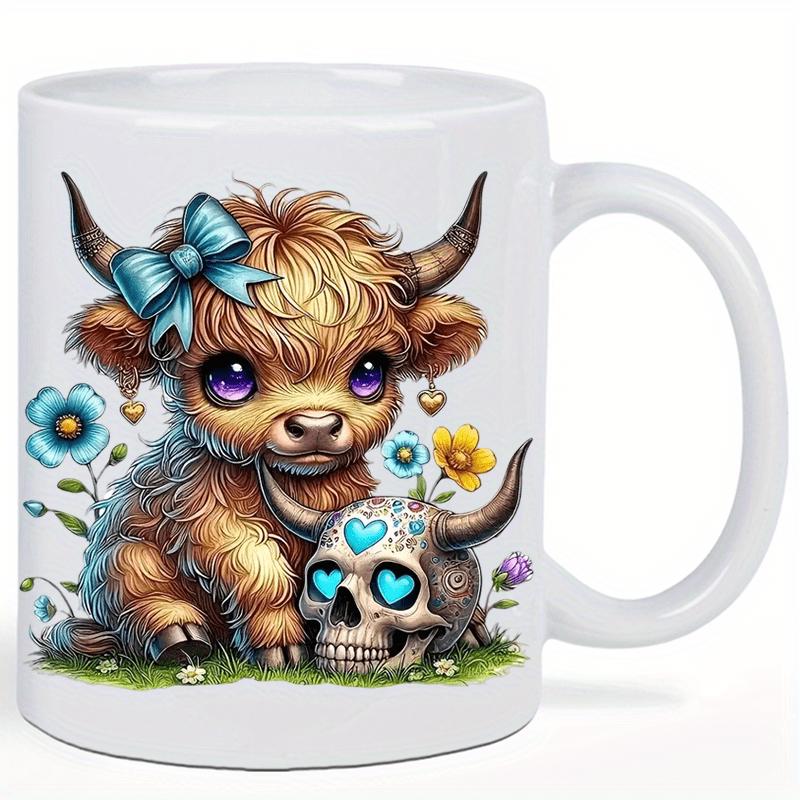 Tailorly White Ceramic 11 oz Mug - Adorable Fluffy Highland Cow Wearing Blue Bow Next To Floral Skull Cow