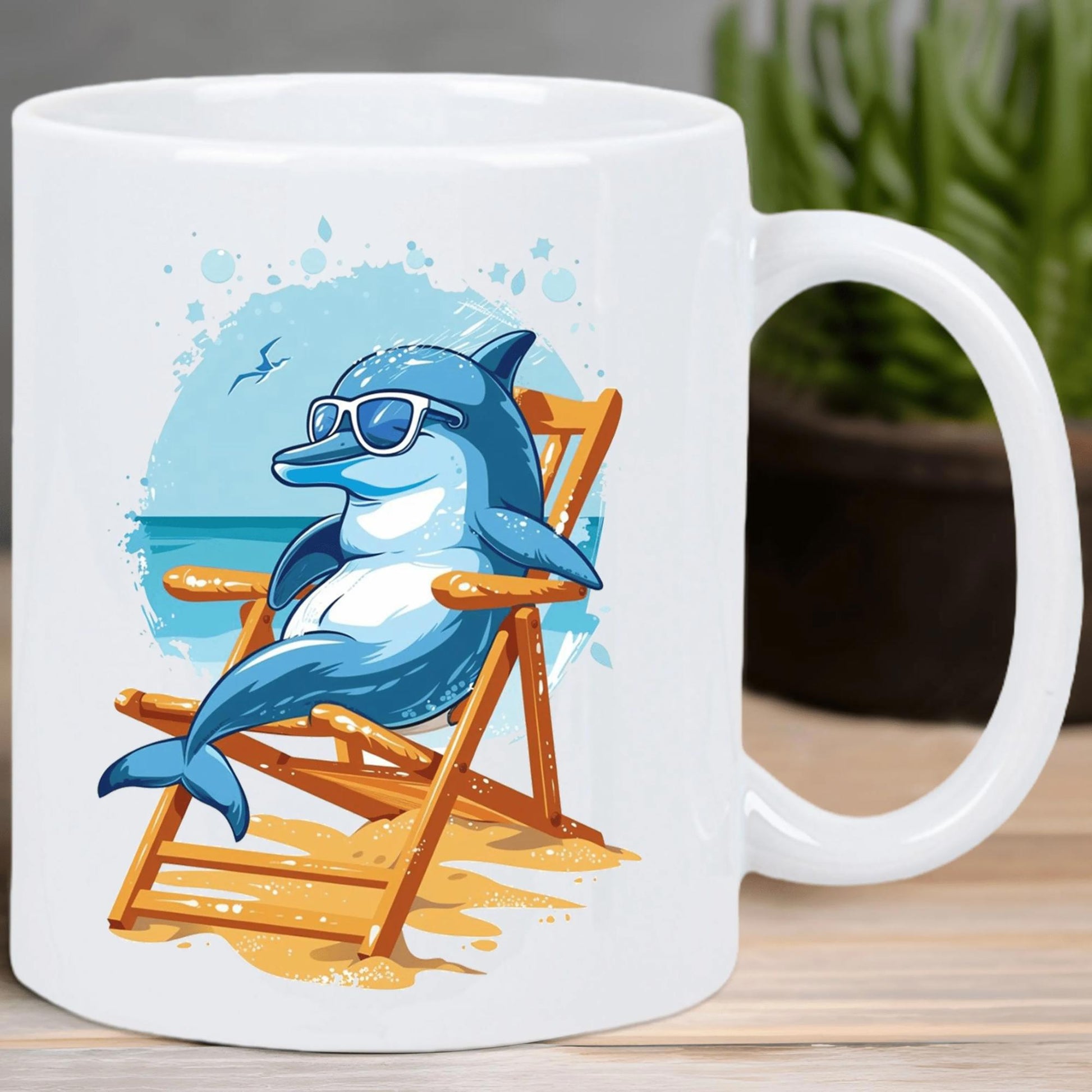 Tailorly White Ceramic 11 oz Mug - Cheerful Cartoon Character Wearing Sunglasses Lounging On A Beach Chair Sunny Dolphin