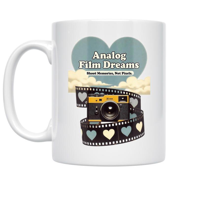 Tailorly White Ceramic 11 oz Mug - Analog Film Dreams About Memories Not Pixels Vintage Camera Wrapped In Film Strip Floating Among Soft Clouds And Heart Camera