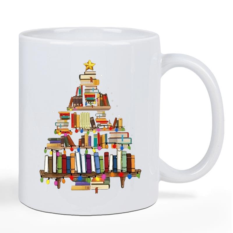 Tailorly White Ceramic 11 oz Mug - Colorful Stacks Of Books Arranged Into A Festive Holiday Christmas Tree