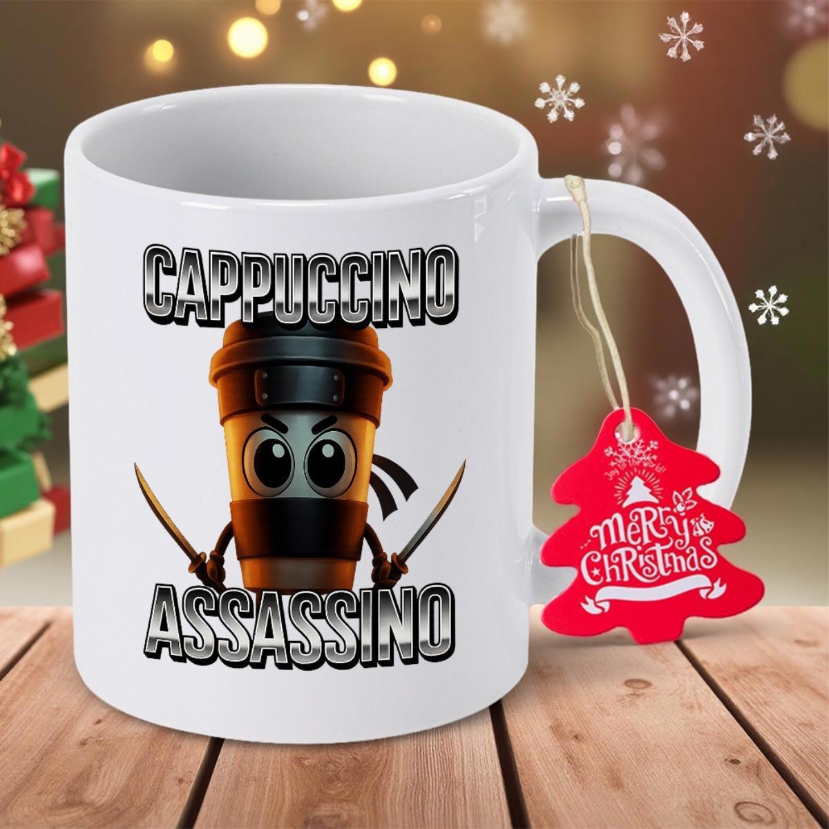 Tailorly White Ceramic 11 oz Mug - Cappuccino Assassino Ninja Coffee Cup Holding Katanas Wearing A Black Ninja Headband Assassin