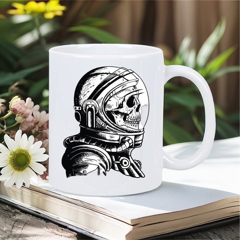 Tailorly White Ceramic 11 oz Mug - Detailed Monochrome Skeleton Skull Wearing A Vintage Space Exploration Helmet Astronaut