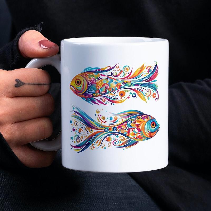 Tailorly White Ceramic 11 oz Mug - Vibrant Colorful Artistic Pattern With Flowing Fins And Intricate Scales Swimming Fish