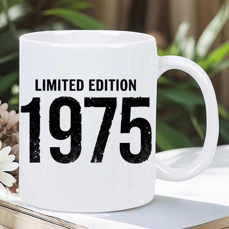 Tailorly White Ceramic 11 oz Mug - Limited Edition 1975 Distressed Bold Vintage Style Numbers Printed On A