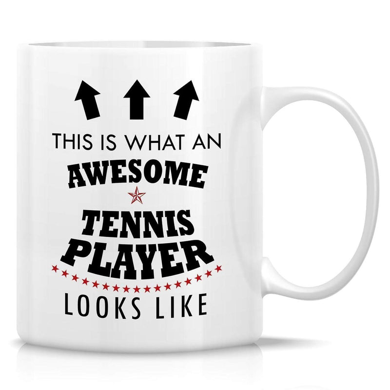 Tailorly White Ceramic 11 oz Mug - This Is What An Awesome Tennis Player Looks Like Bold Black Typography Decorated With Small Red Stars And Triple Arrows Tennis