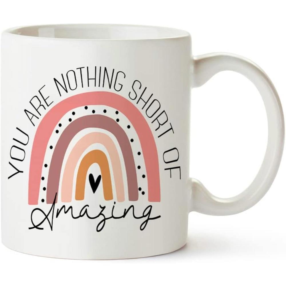 Tailorly White Ceramic 11 oz Mug - You Are Nothing Short Of Amazing Minimalist Boho Style Arched Pastel Earth Tones With Small Heart Decorative Rainbow