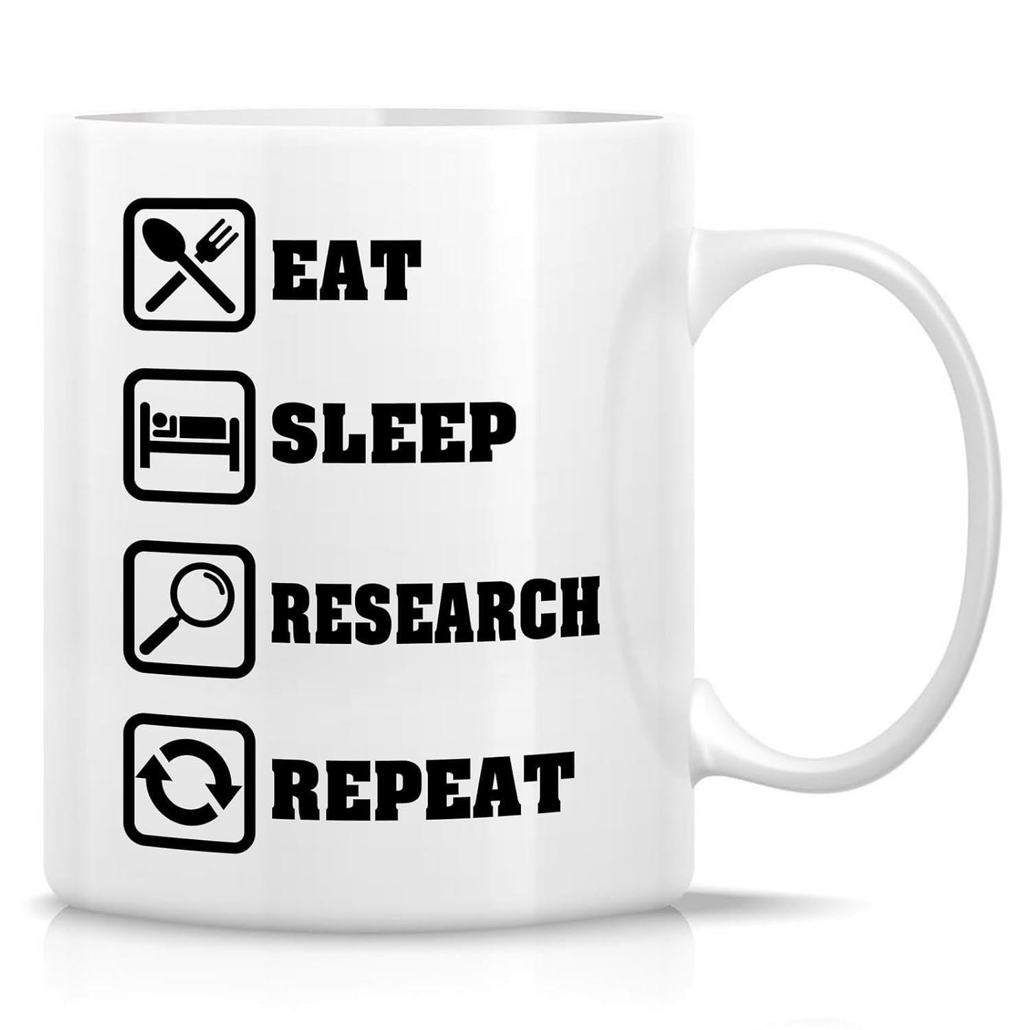 Tailorly White Ceramic 11 oz Mug - Eat Sleep Research Repeat Minimalist Black Icons Representing Daily Routine For Scientific Discovery Professionals Mug