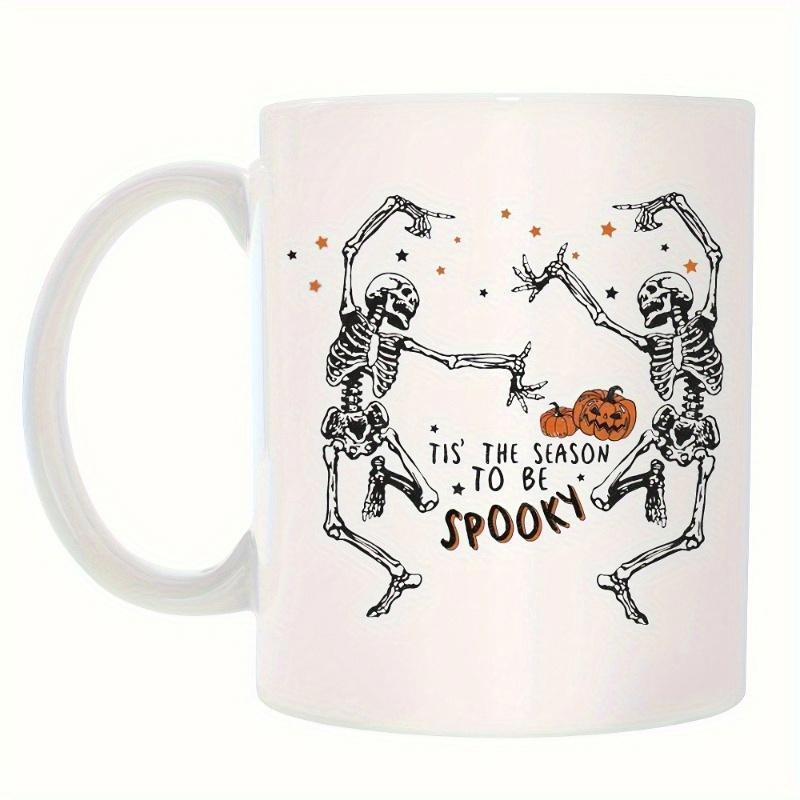Tailorly White Ceramic 11 oz Mug - Tis The Season To Be Spooky Two Dancing Skeletons Celebrating With Festive Pumpkins Under Twinkling Stars Skeleton