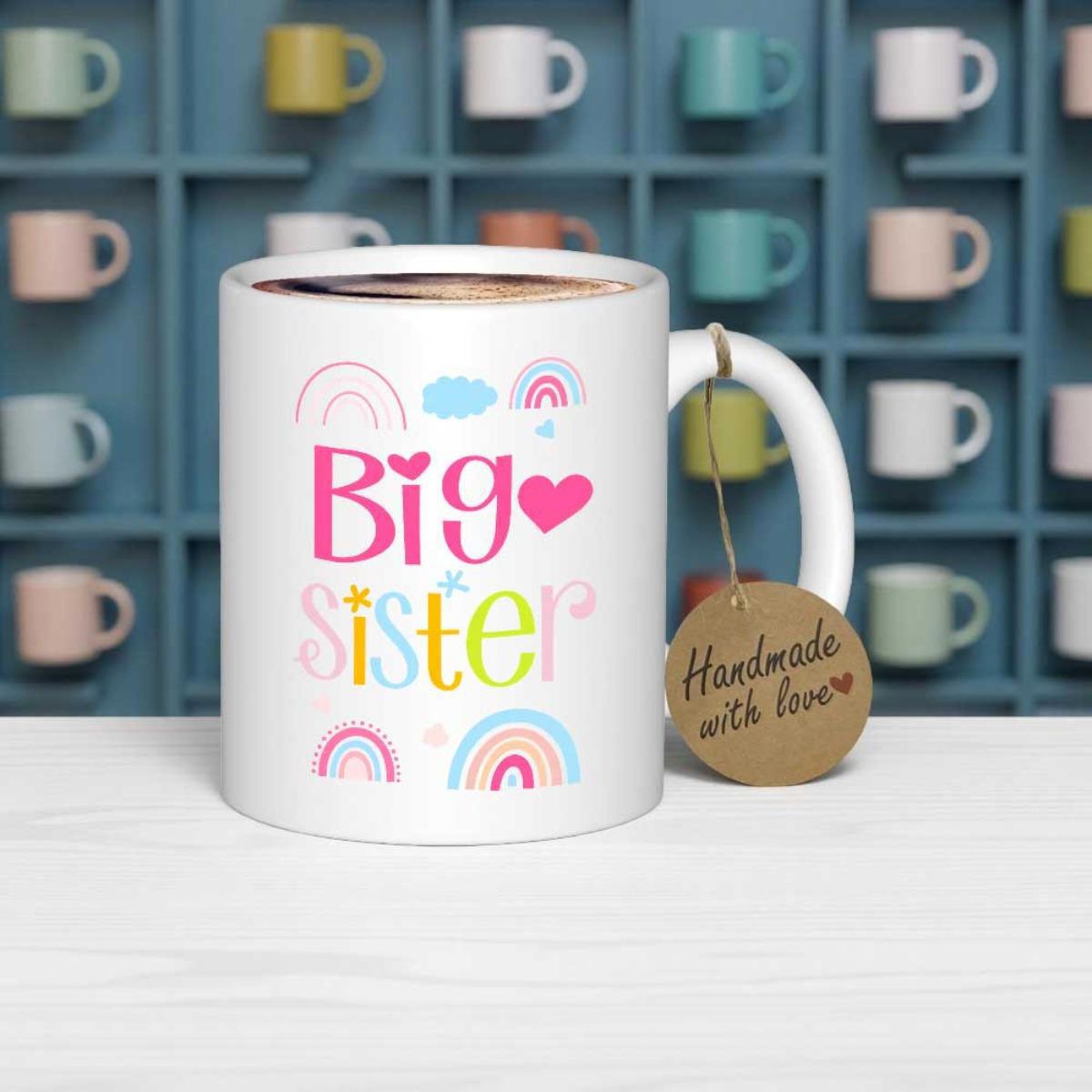 Tailorly White Ceramic 11 oz Mug - Big Sister Colorful Pastel Rainbows And Pink Hearts Floating In The Sky Mug