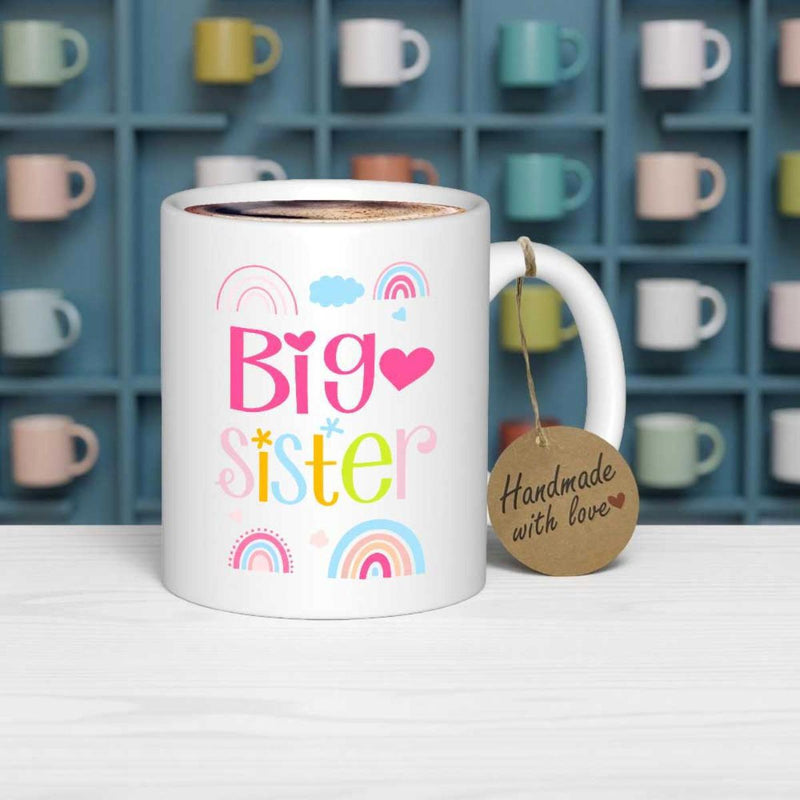 Tailorly White Ceramic 11 oz Mug - Big Sister Colorful Pastel Rainbows And Pink Hearts Floating In The Sky Mug