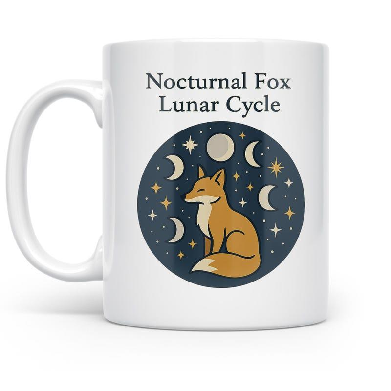 Tailorly White Ceramic 11 oz Mug - Nocturnal Fox Lunar Cycle Serene Sitting Fox Surrounded By Celestial Lunar Phases Fox