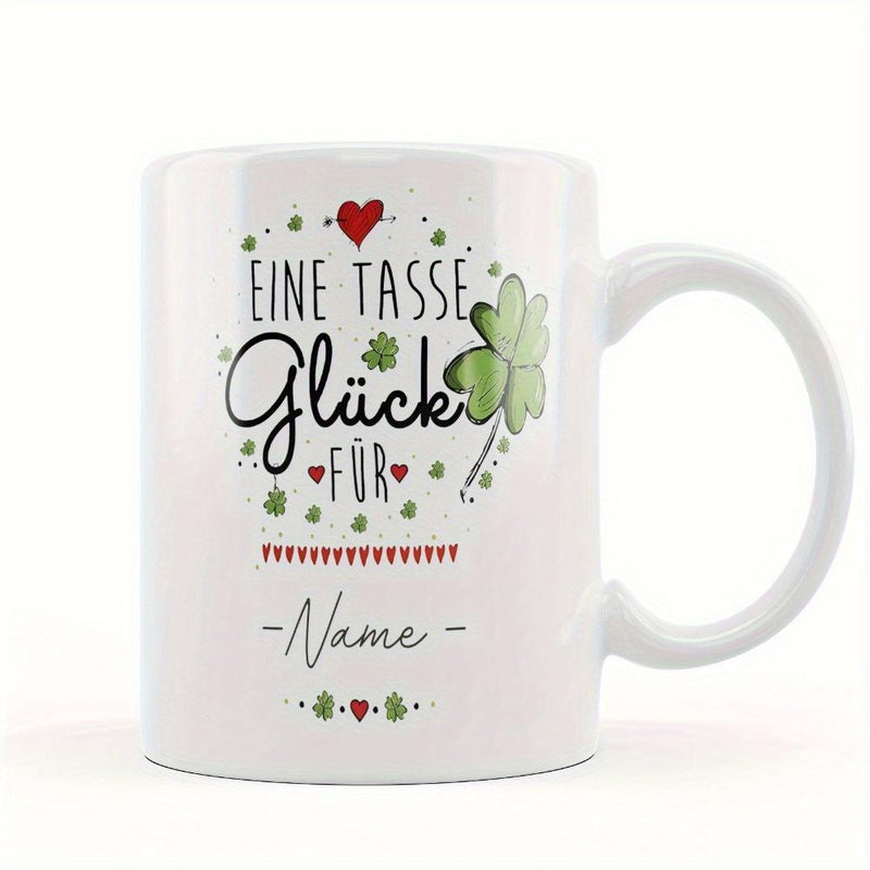 Tailorly White Ceramic 11 oz Mug - Vibrant Green Foliage Surrounded By Tiny Red Hearts And Decorative Festive Dots Clover