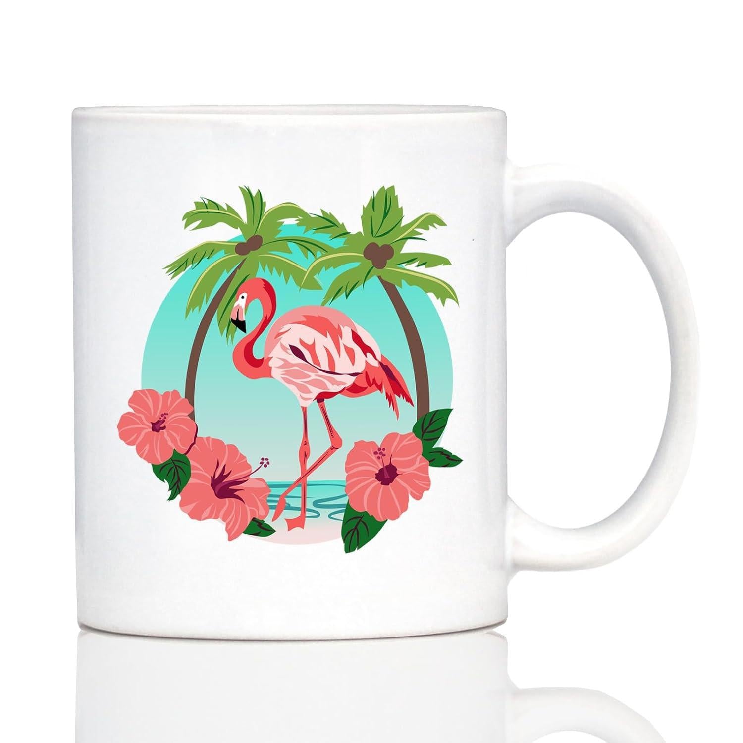 Tailorly White Ceramic 11 oz Mug - Vibrant Tropical Scene With Lush Palm Trees And Hibiscus Flowers Flamingo
