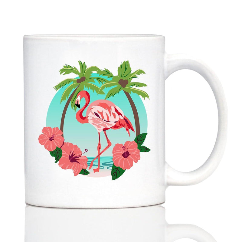 Tailorly White Ceramic 11 oz Mug - Vibrant Tropical Scene With Lush Palm Trees And Hibiscus Flowers Flamingo