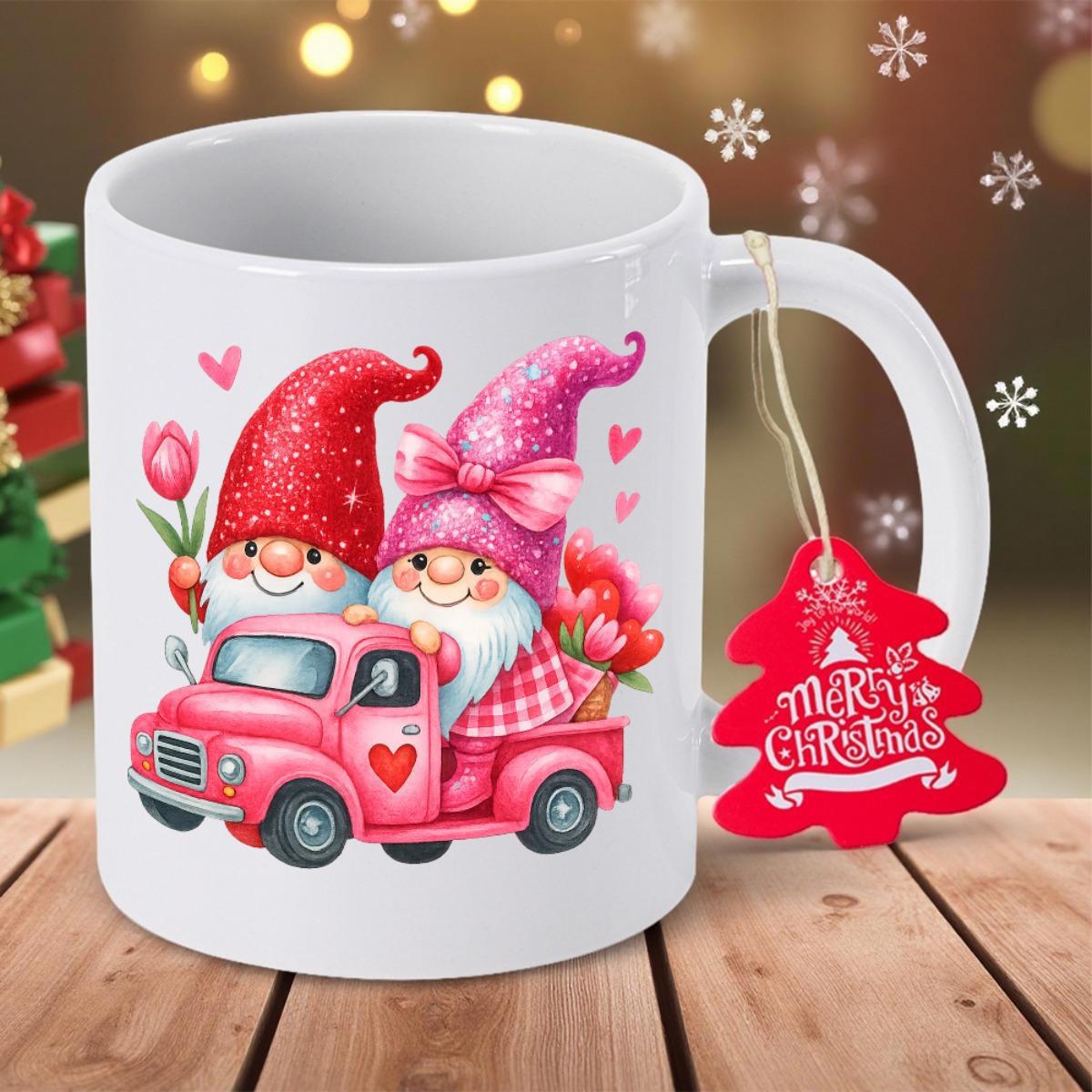 Tailorly White Ceramic 11 oz Mug - Merry Christmas Adorable Festive Couple In Pink Vintage Heart Truck Gnome