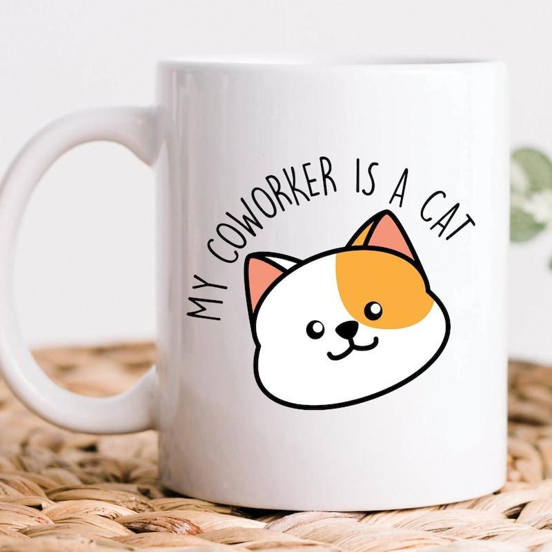 Tailorly White Ceramic 11 oz Mug - My Coworker Is A Cat Cute Hand Drawn Calico Kitten With Minimalist Features Cat