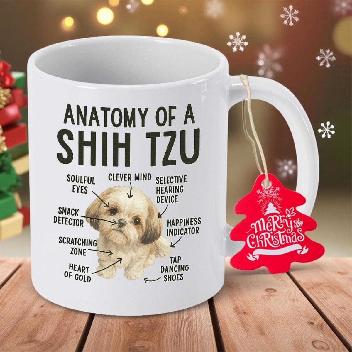 Tailorly White Ceramic 11 oz Mug - Anatomy Of A Shih Tzu Charming Small Fluffy Dog Featuring Playful Descriptive Labels Among Arrows Shih Tzu