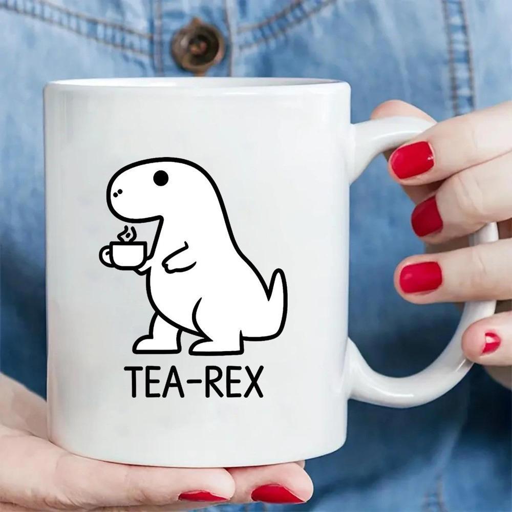 Tailorly White Ceramic 11 oz Mug - Tea Rex Cute Small Dinosaur Holding Steaming Tea Cup With Minimalist Black Outlines Dinosaur