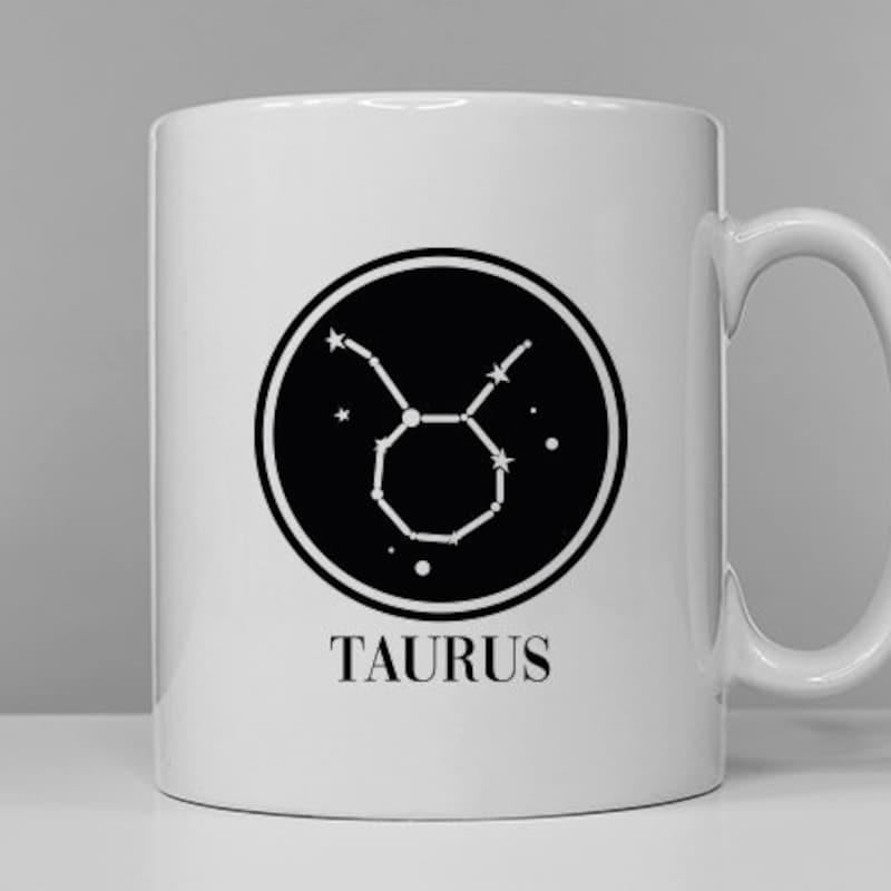 Tailorly White Ceramic 11 oz Mug - Taurus Minimalist Celestial Constellation Art Inside A Deep Black Circle Taurus