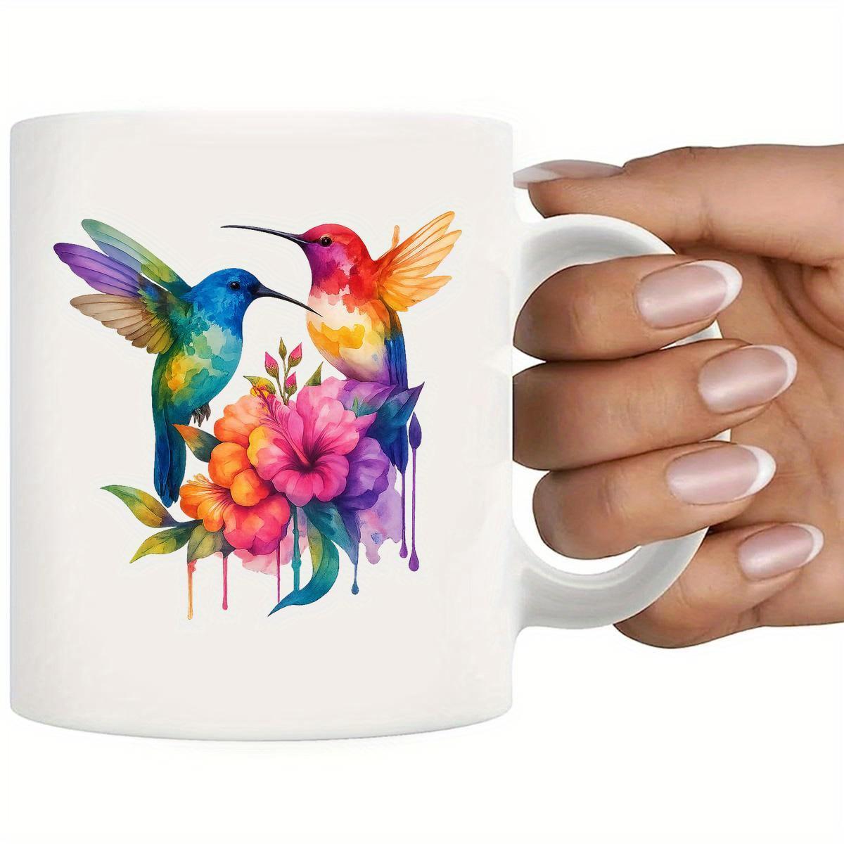 Tailorly White Ceramic 11 oz Mug - Vivid Watercolor Tropical Flowers Surrounded By Two Radiant Wings Hummingbirds