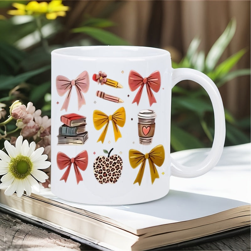 Tailorly White Ceramic 11 oz Mug - Colorful Ribbons With School Supplies And Coffee Cup Leopard Apple Pattern