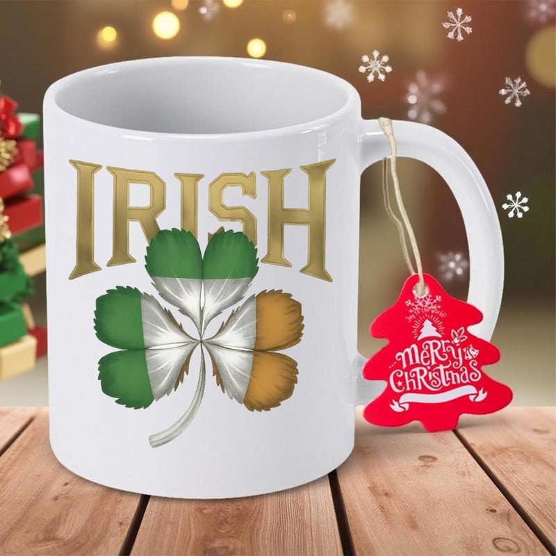 Tailorly White Ceramic 11 oz Mug - Irish Vibrant Green White And Orange National Flag Colors Patterned Shamrock