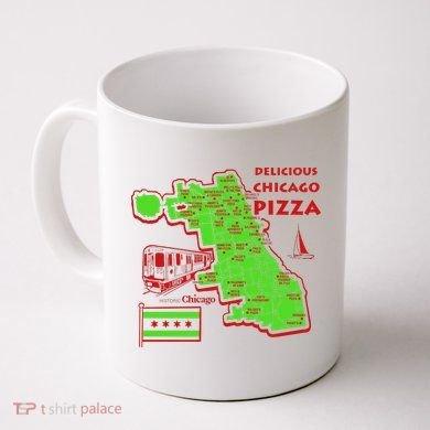 Tailorly White Ceramic 11 oz Mug - Delicious Chicago Pizza Chicago Illustrating Vibrant City Life With Iconic Train And Municipal Flag Map