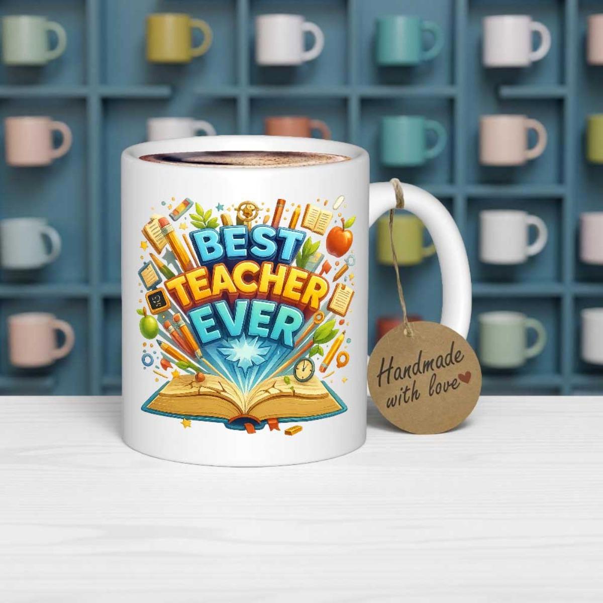 Tailorly White Ceramic 11 oz Mug - Best Teacher Ever Colorful School Supplies Sprouting From A Glowing Open Knowledge Book