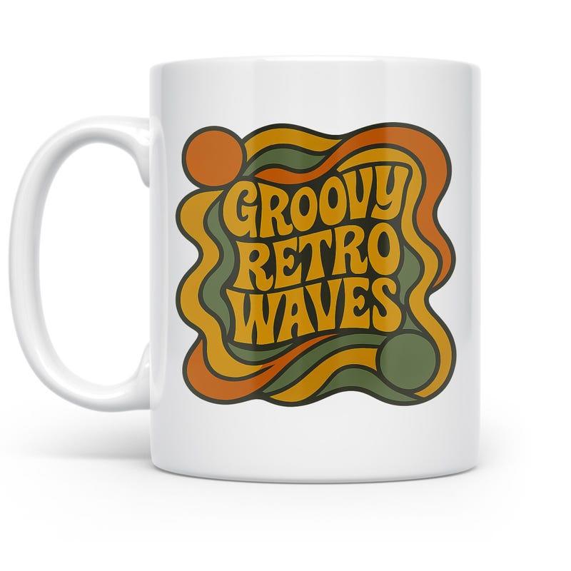 Tailorly White Ceramic 11 oz Mug - Groovy Retro Waves Vibrant Colorful Psychedelic Swirling Ribbons With Sunset Circles Vintage Pattern