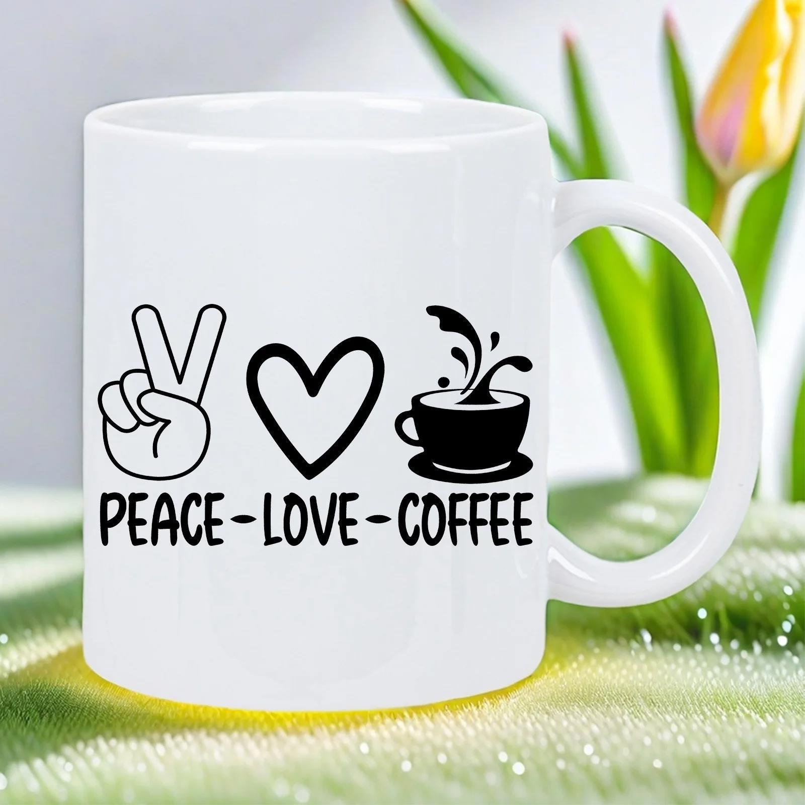 Tailorly White Ceramic 11 oz Mug - Peace Love Coffee Minimalist Black Icons Featuring Peace Sign Heart And Steaming Hot Coffee