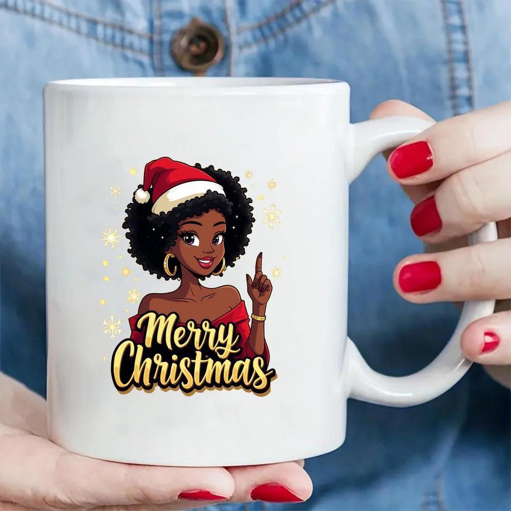 Tailorly White Ceramic 11 oz Mug - Merry Christmas Beautiful African American Girl Wearing Santa Hat Under Sparkles Lady