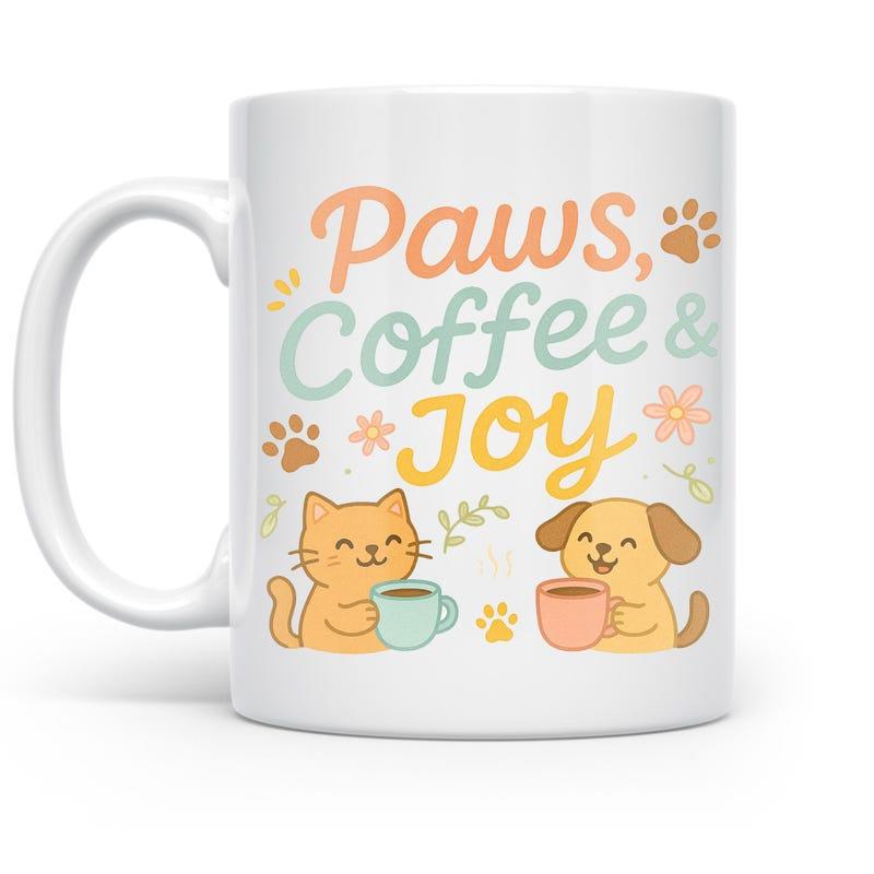 Tailorly White Ceramic 11 oz Mug - Paws Coffee Joy Adorable Kittens And Puppies Holding Coffee Mugs Among Flowers And Tiny Paw Prints Pet