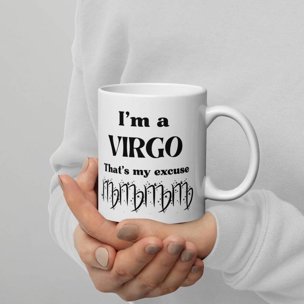 Tailorly White Ceramic 11 oz Mug - Im A Virgo Thats My Excuse Classic White Ceramic Featuring Repeating Black Astrological Zodiac Sign Mug