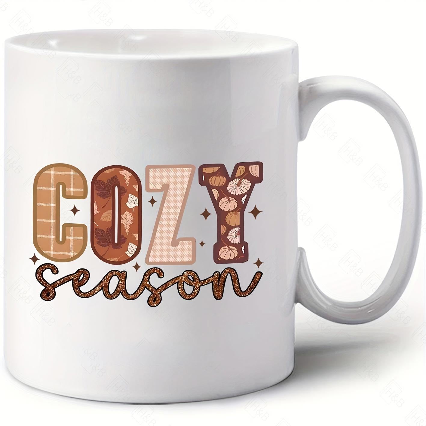 Tailorly White Ceramic 11 oz Mug - Cozy Season Artistic Patterned Block Letters With Decorative Script Under Sparkling Stars Sign