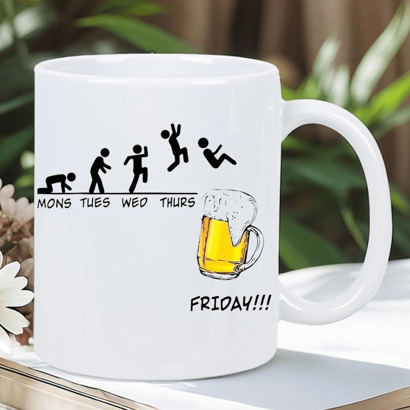 Tailorly White Ceramic 11 oz Mug - Mon Tues Wed Thurs Friday Silhouette Figures Jumping Into A Golden Foamy Frothy Cold Beer