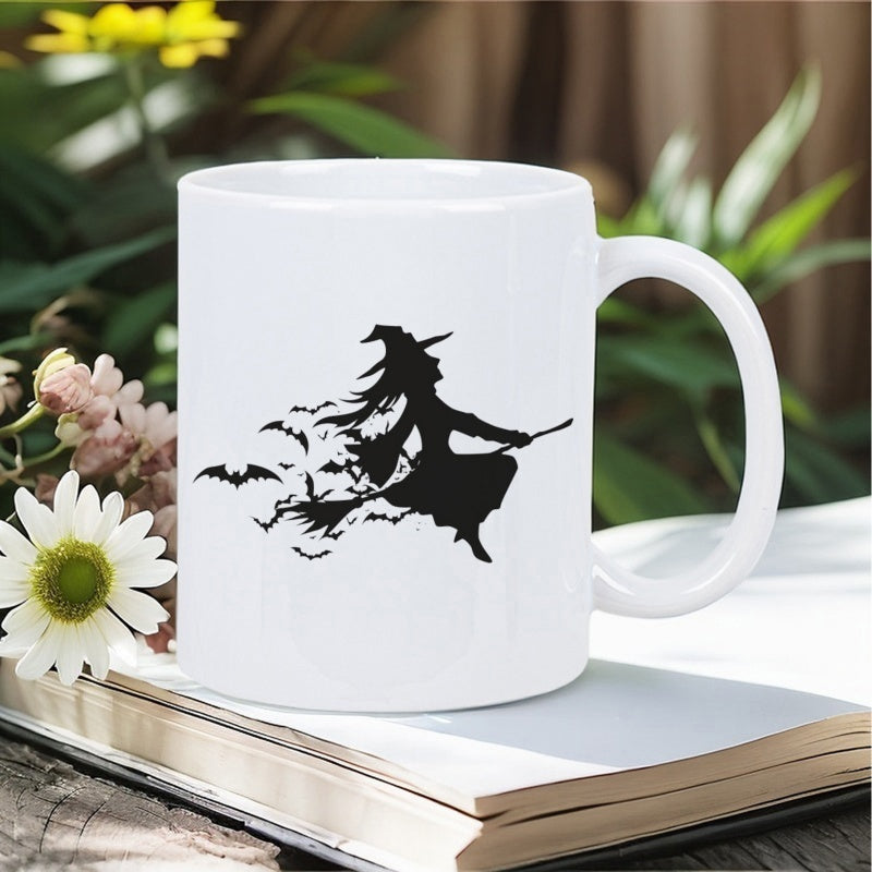 Tailorly White Ceramic 11 oz Mug - Mystical Flying Silhouette Accompanied By Small Bats During Halloween Night Witch