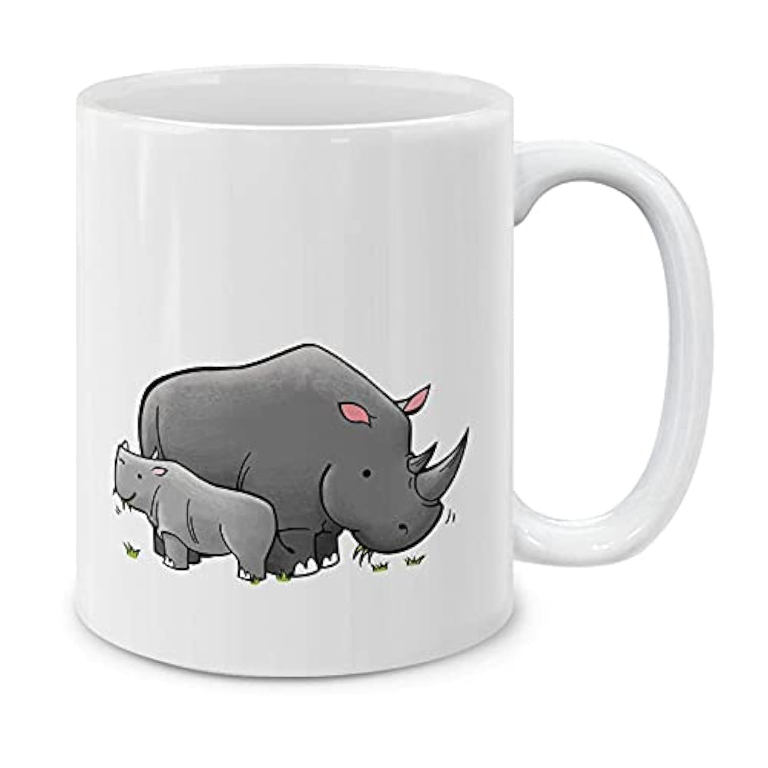 Tailorly White Ceramic 11 oz Mug - Minimalist Cartoon Mother And Baby Standing In Peaceful Grassy Field Rhinoceros