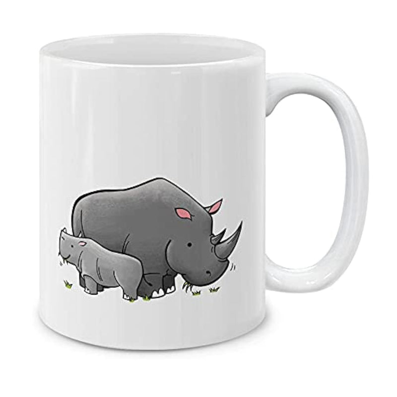 Tailorly White Ceramic 11 oz Mug - Minimalist Cartoon Mother And Baby Standing In Peaceful Grassy Field Rhinoceros