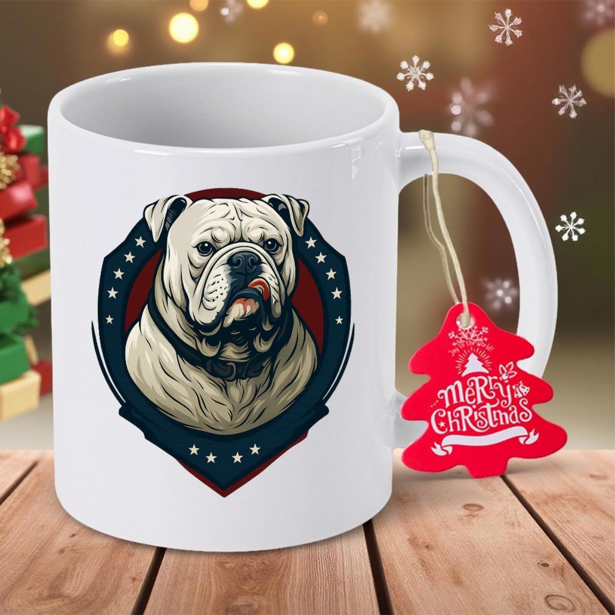 Tailorly White Ceramic 11 oz Mug - Merry Christmas Fierce Bulldog Head Displayed Inside A Dark Blue Shield Border Bulldog