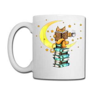 Tailorly White Ceramic 11 oz Mug - Whimsical Ginger Cat Reading Atop Stacked Books Beneath A Golden Crescent Moon Cat