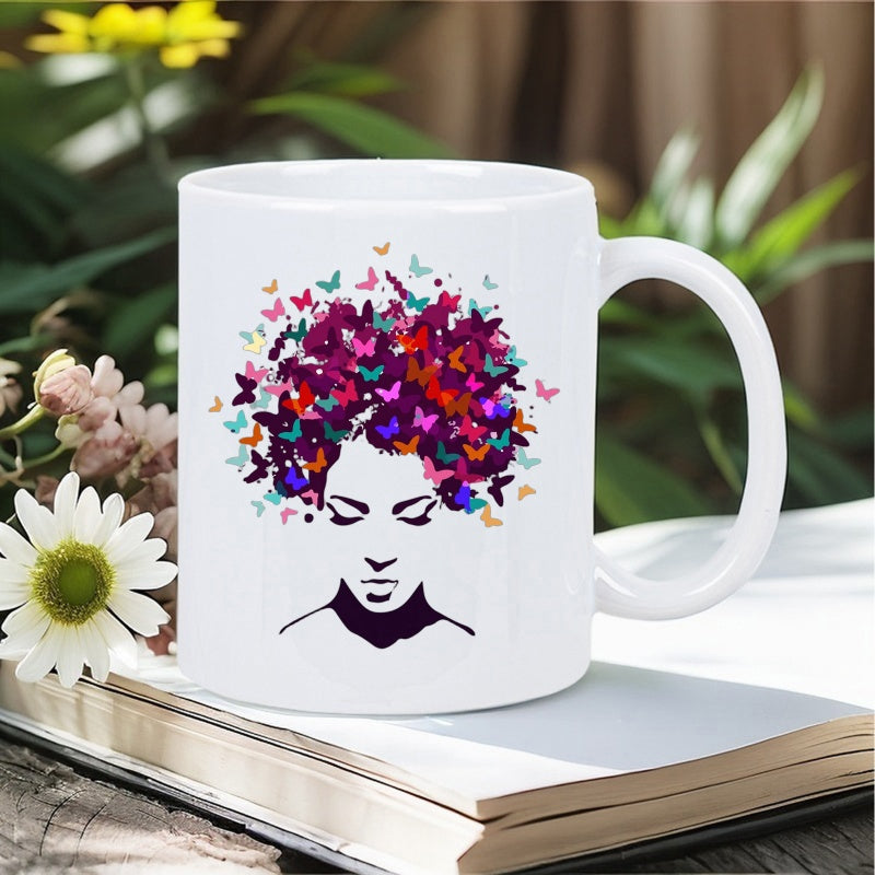 Tailorly White Ceramic 11 oz Mug - Elegant Artistic Silhouette With Colorful Vibrant Butterflies Forming Floating Hair Woman
