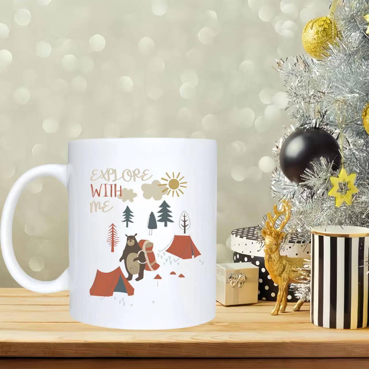Tailorly White Ceramic 11 oz Mug - Explore With Me Adventurous Backpacking Animal Standing Near Tents And Trees Under Golden Sun Bear