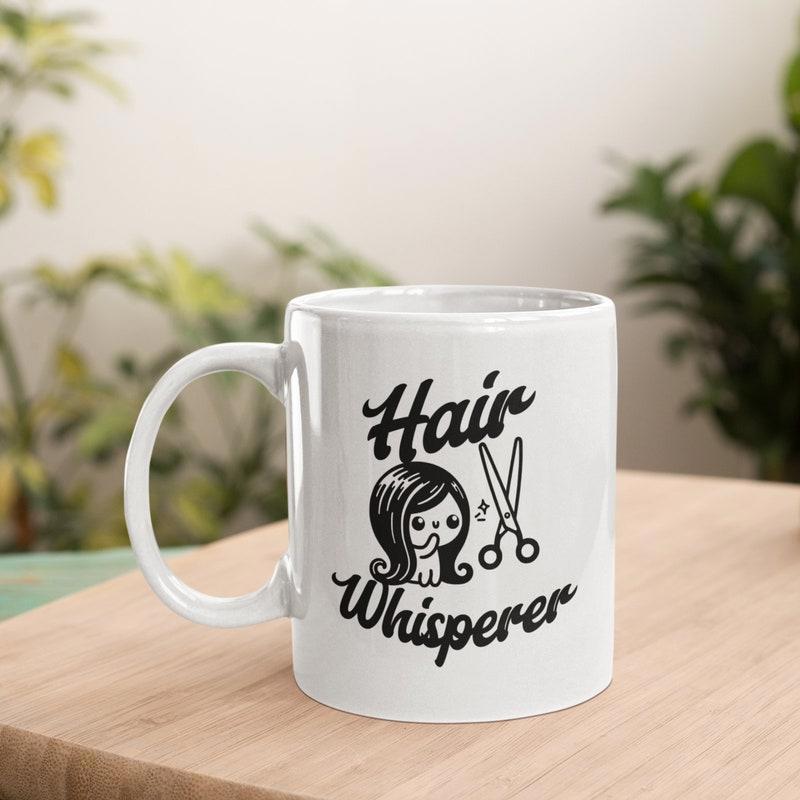 Tailorly White Ceramic 11 oz Mug - Hair Whisperer Cute Professional Stylist With Long Flowing Hair Holding Sharp Salon Shears