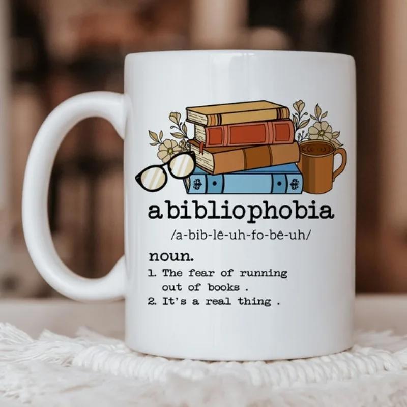 Tailorly White Ceramic 11 oz Mug - Abibliophobia Colorful Stacked Textbooks Decorated With Gentle Flowers And Vintage Glasses Books