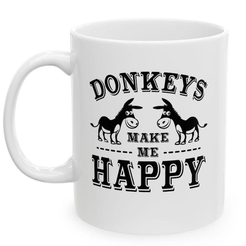 Tailorly White Ceramic 11 oz Mug - Donkeys Make Me Happy Two Cute Cartoon Donkeys Facing Each Other With Expressions Donkey